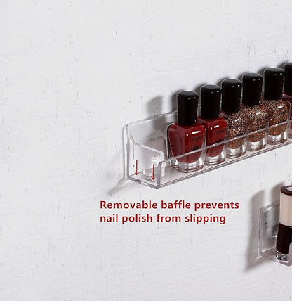 LikeU Nail Polish Rack Wall Mounted Shelf 4 Pack, Clear Acrylic Holder Organizer With Removable Anti-slip End Inserts, 4 Tiers Floating Display for 60 Bottles