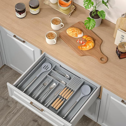 TIOPGHAD Bamboo-Silverware-Drawer-Organizer-Kitchen, Expandable Utensil Holder Cutlery Tray Flatware Organization Adjustable Wood Tableware Dividers Storage (with Removable Knife Block)(Grey)