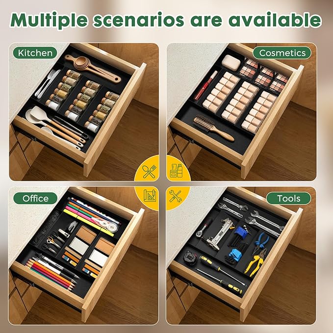 2026 Upgraded Expandable Spice Drawer Organizer with 5 Compartments & 2 Utensil Slots, Multi-Functional Kitchen Drawer Organizer Spice Rack for Cabinet Drawer, All-in-One Spice & Utensil Storage Tray
