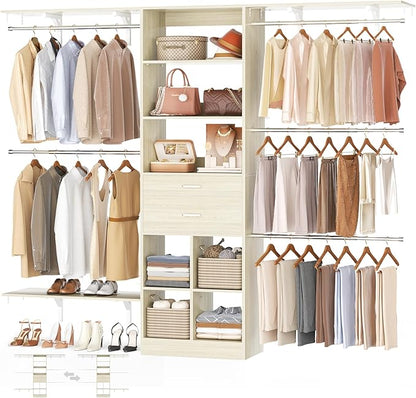 Besiost Closet System - 8FT Closet Organizer System with Wooden Drawers, 96" Closet Systems for Nursery & Walk-In Closets with Cuttable Hanging Shelving, Greige Oak