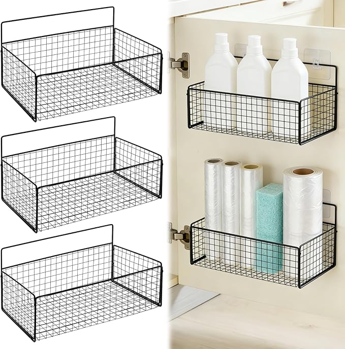 3 Pack Self Adhesive Cabinet Door Organizer - Metal Inside Cabinet Lid Storage Holder Wall Mounted Pantry Door Caddy for Kitchen Bathroom Pantry Under Sink