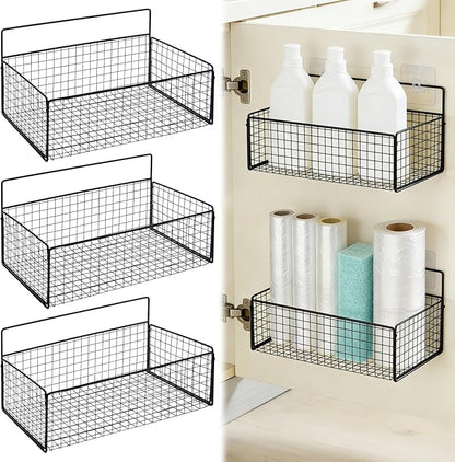 3 Pack Self Adhesive Cabinet Door Organizer - Metal Inside Cabinet Lid Storage Holder Wall Mounted Pantry Door Caddy for Kitchen Bathroom Pantry Under Sink
