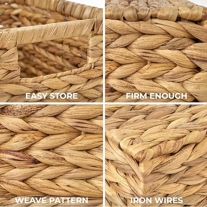 BARIEN Set of 6 Natural Water Hyacinth Woven Storage Baskets 12.6” x 8” x 7”, Rectangular Wicker Basket with Built-in Handles, Medium (Natural - Set of 6)