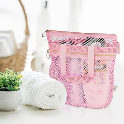 DV Lifestyle Mesh Shower Bag 10.2x9.9'' Quick-Dry Caddy with Zipper & 2 Pockets. Portable Toiletry Tote for Bathroom, Gym, Travel, Camp, Beach, for Sunscreen, Dorm & College Essentials (Pink)