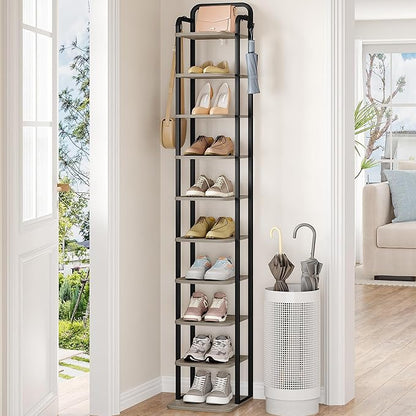 Hzuaneri 10 Tiers Vertical Shoe Rack, Narrow Shoe Tower, Tall Shoes Shelf with 2 Hooks, Adjustable Shelves, Corner Shoes Shelves for Small Spaces, Entryway, Living Room, Greige SR11205B