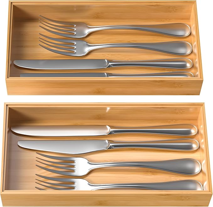 VeyFey Silverware Tray for Drawer, Stackable Kitchen Bamboo Drawer Organizer 12" x 6" x 2" Set of 2