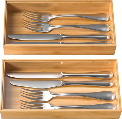 VeyFey Silverware Tray for Drawer, Stackable Kitchen Bamboo Drawer Organizer 12" x 6" x 2" Set of 2