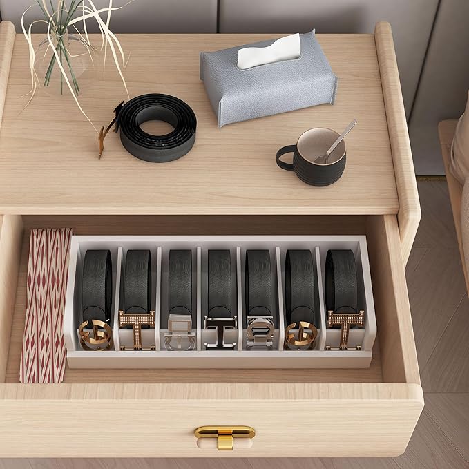 Bamboo Belt Storage Organizer Box - Belt Organizer for Closet | Wooden Belt Tie Hanger Racks for Men Women Drawer | Belt Display Holder Wall Mount with 2 Pcs Tie Clip (White, 2 7GRIDS)