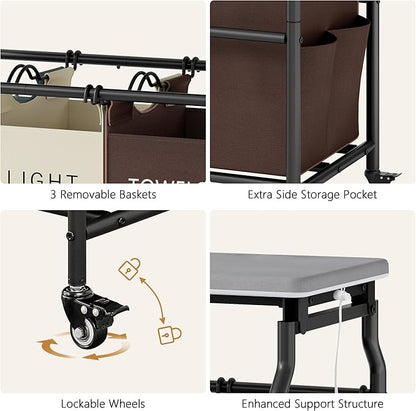 Hoctieon 3 Section Laundry Sorter Cart with Ironing Board, Laundry Hamper Basket with Shelf and Wheels, Heavy Duty Clothes Organizer, Large Clothes Separator with Removable Bags, Brown+Gray+Beige