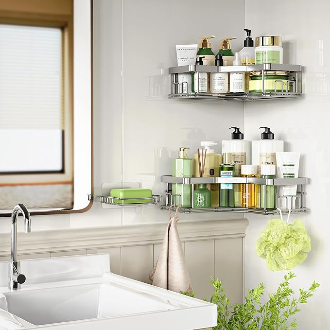 MAXIFFE 3 Pack X-Large Corner Shower Caddy with Soap Holder, Large Capacity and Easy Install, No Drilling Shower Shelves, Stainless Steel Shower Organizer Hold 40 LBS for Family Renters, Silver