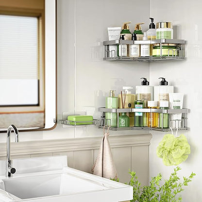MAXIFFE 3 Pack X-Large Corner Shower Caddy with Soap Holder, Large Capacity and Easy Install, No Drilling Shower Shelves, Stainless Steel Shower Organizer Hold 40 LBS for Family Renters, Silver