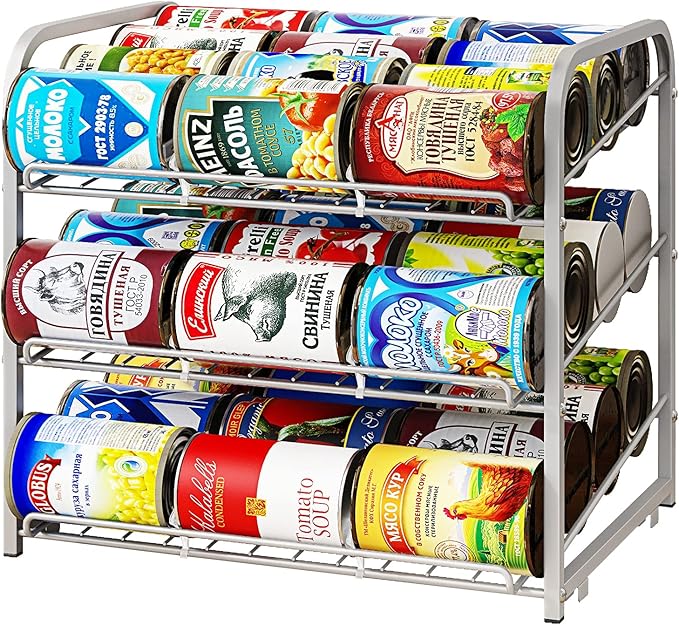 Can Rack Organizer, 3 Tier Stackable Can Storage Dispenser,for Food Storage, Kitchen Cabinets or Pantry, Storage for 36 Cans, Silver