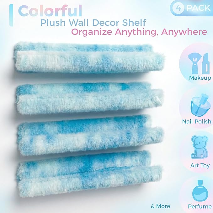 Care&More YJ 15 Inch Nail Polish Shelves, 4-Pack Fuzzy Display Nail Polish Rack for Storing Nail Bottles, Sunglasses, Essential Oils, Plush Soft (Blue)