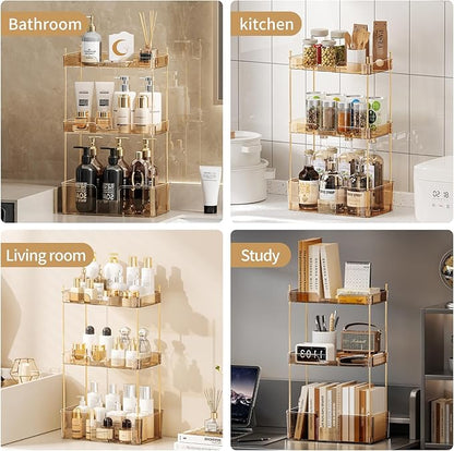 Akinbas 3 Tier Bathroom Organizer Countertop Makeup Perfume Tray Skincare Organizer for Bathroom Dresser Vanity (Gold)