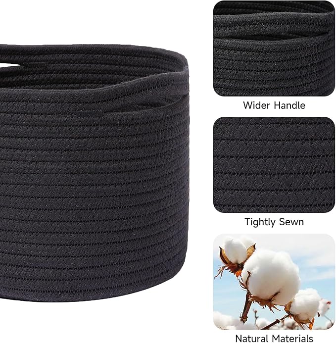 MiniArk Small Basket for Organizing | Cube Shelf Closet Storage Baskets | 9.7×9.7×7.1” | Woven Rope Gift Basket | Nursery | Round 3 Packs Black