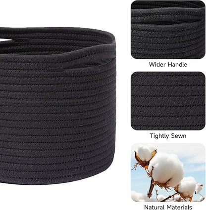 MiniArk Small Basket for Organizing | Cube Shelf Closet Storage Baskets | 9.7×9.7×7.1” | Woven Rope Gift Basket | Nursery | Round 3 Packs Black