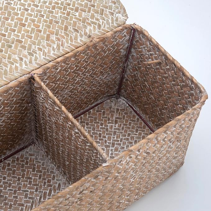 Whitewash Seagrass Toilet Tank Basket with Lid Bathroom Toilet Paper Storage Baskets with 3 Sections for Organizing (16.5 x 5.5 x 5.5 inch)