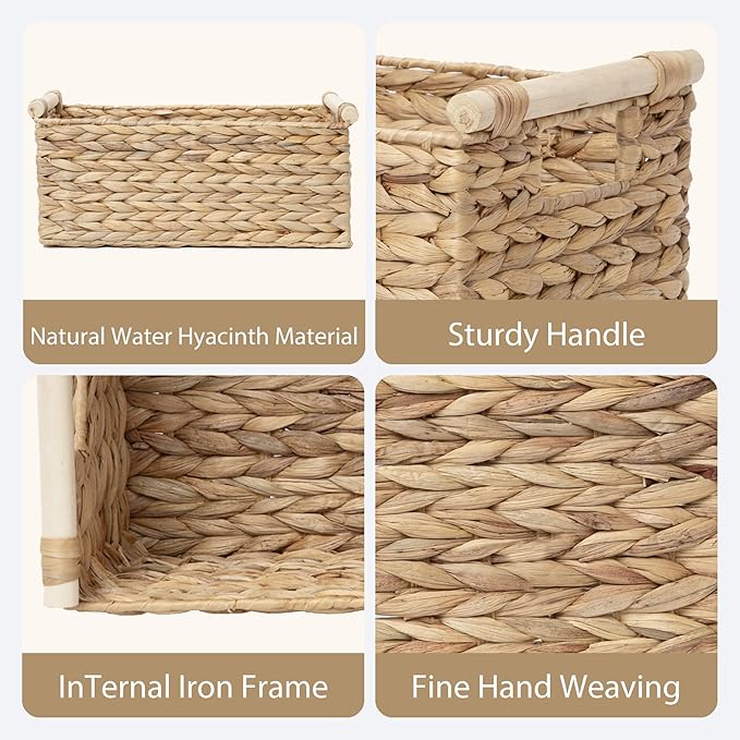 Water Hyacinth Wicker Storage Basket, Rectangular Handwoven Shelf Organizer with Wooden Handles for Pantry & Closet (Large)