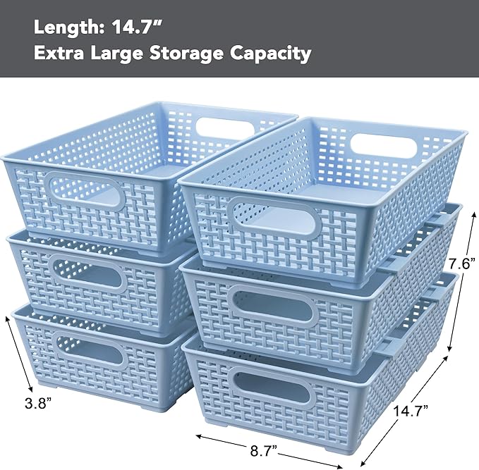 Tiawudi Stackable Woven Plastic Basket, Storage Bins for Cabinet, Closet, Shelf, Under Sink and Countertop, Pantry Organizer Bins, 6 Pack