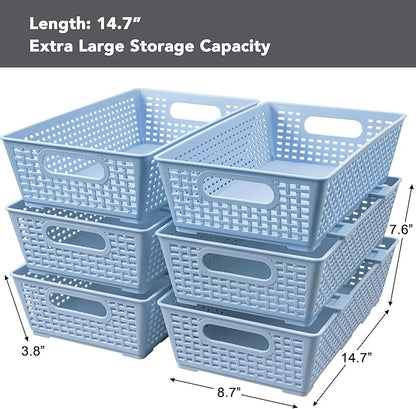 Tiawudi Stackable Woven Plastic Basket, Storage Bins for Cabinet, Closet, Shelf, Under Sink and Countertop, Pantry Organizer Bins, 6 Pack