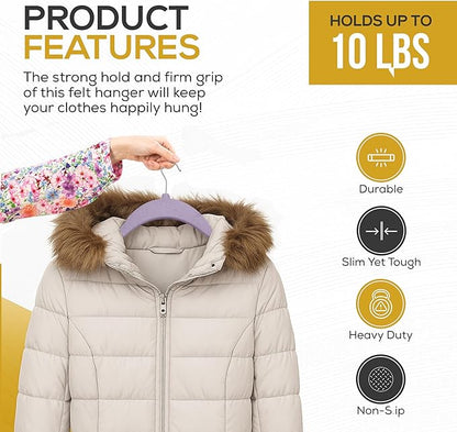 Techzoo Premium Velvet Hangers 50 Pack Ultra Thin Non Slip Adult Felt Space Saving Suit Hanger for Closet Heavy Duty Coat Pants Jackets Dress Hangers 360° Swivel Hook Hold Upto 10 lbs Purple Hangers