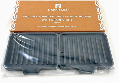 Silicone Soap Dish Tray and Sponge Holder with Drain Chute, Rectangular, Kitchen and Bathroom Sink Organizer (Grey, 5.2"x4" (Set of 2), 7.2 Ounces)