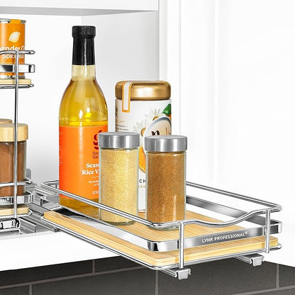 LYNK PROFESSIONAL® Élite™ Pull Out Spice Organization for Cabinets - 6-3/8 inch Wide – Spice Rack for Inside Cabinets – Wood/Chrome - Sliding Spice Rack Organizer for cabinet – Spice Rack - 1 Tier