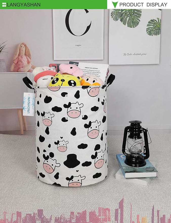 Storage Bin, Canvas Fabric Collapsible Organizer Basket for Laundry Hamper,Toy Bins,Gift Baskets, Bedroom, Clothes,Baby Nursery (Spotted Cow)