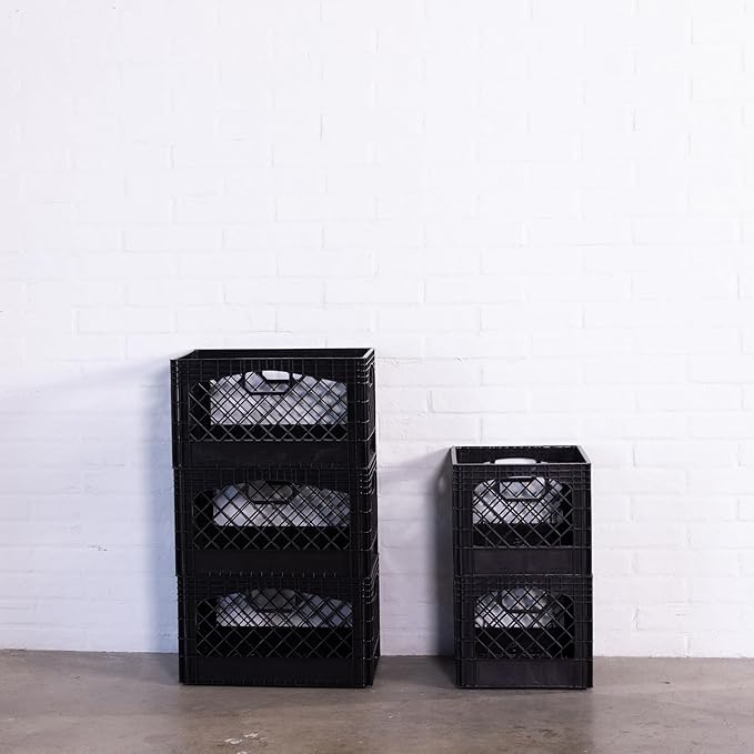 Plastic Milk Crate Storage Tote with Handles, 16-Quart Stackable Cube Organizer for Garage, Home, and Office, Made in the USA, 13" x 13" x 11" (2-Pack) - Black
