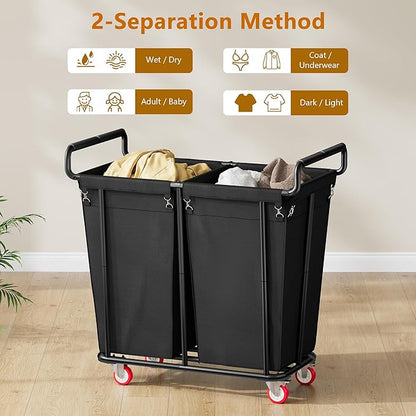 Gewudraw Large Laundry Hamper with Wheels, 2 Bag 360L Big Rolling Laundry Basket Sorter Cart, Extra Large Clothes Hamper, Heavy Duty Laundry Basket Organizer for Laundry Room, Bathroom
