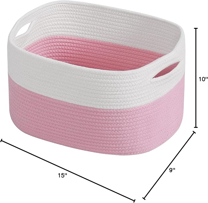 ECDYQXVU Cotton Rope Shelf Storage Basket, 15x10x9 in, Shelf Storage Baskets for Clothes, Towels, Books, Laundry (White/ Pink, 1 Pack)