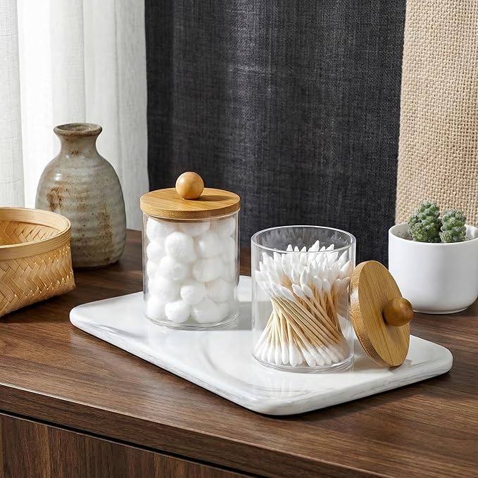 novelinks Acrylic Plastic Qtip Holder Dispenser, Apothecary Jar Canister Set with Lids for Cotton Swabs, Balls, Round Pads & Floss Picks - Bathroom Vanity Makeup Storage Container (Beige, 4 Pack)