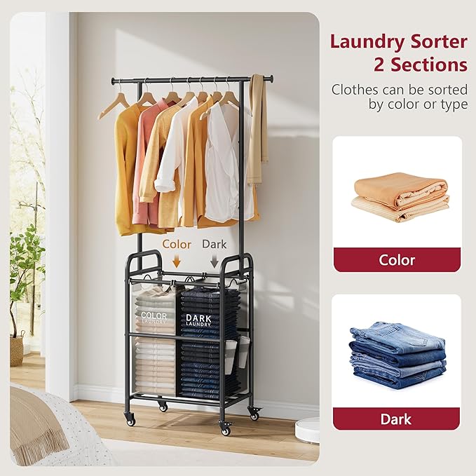 Tajsoon Laundry Sorter with Hanging Bar, 2 Section Laundry Hamper with Lockable Wheels and Removable Bag, Black & Gray