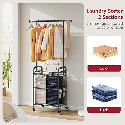 Tajsoon Laundry Sorter with Hanging Bar, 2 Section Laundry Hamper with Lockable Wheels and Removable Bag, Black & Gray