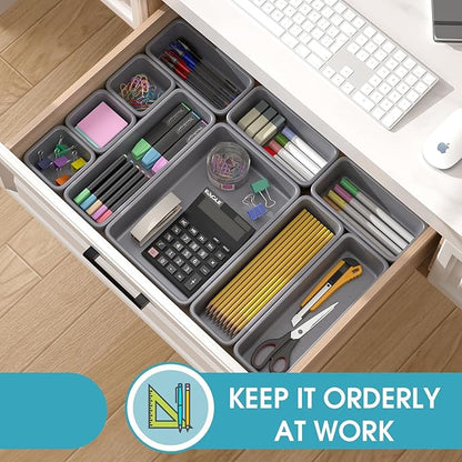 25 PCS Drawer Organizer Set, 4 Size Makeup Drawer Divider Organizer With Non-Slip Pads, Interlocking Plastic Storage Bins for Office,Jewelry Vanity,Gadgets, Bathroom,Kitchen, Grey