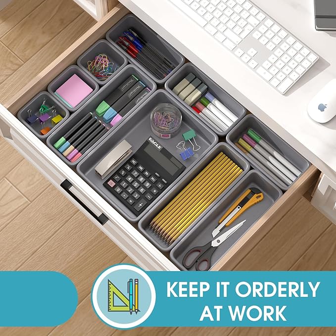 16 PCS Drawer Organizer Set, 4 Size Makeup Drawer Divider Organizer With Non-Slip Pads, Interlocking Plastic Storage Bins for Office,Jewelry Vanity,Gadgets, Bathroom,Kitchen, Grey