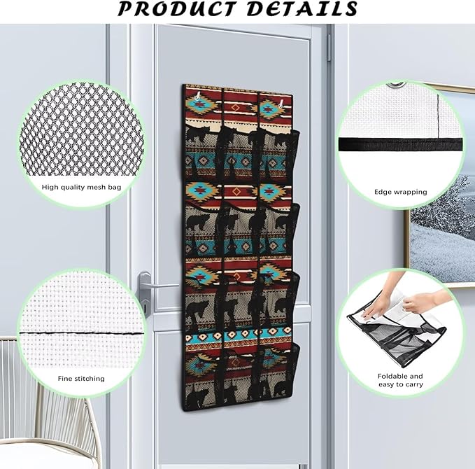 Ethnic Bear Over the Door Shoe Organizer 12 Large Mesh Pockets Foldable Shoe Rack for Door Hanging Shoe Organizer Shoe Holder