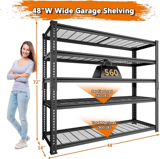 Storage Shelves Heavy Duty, 3 PCS 48" L x 18" W x 72" H Garage Wire Shelving Unit Loads 2800LBS, 5-tier Adjustable Metal Industrial Utility Shelf Rack for Kitchen, Laundry Room, Warehouse, Basement