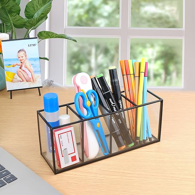 ELEGANTLIFE Clear Glass Makeup Brush Organizer,Luxurious Tempered Glass Cosmetics Brushes Storage Holder for Refined Bathroom Decor (Black, 4 Sections)