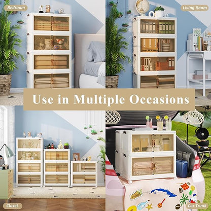 Storage Bins with Lid, 90 Gal/360 Qt Capacity, 4 Pack Large Stackable Storage Bins with Lid, White Collapsible Lidded Bins with Wheels, Foldable, Customizable, for Home Organization