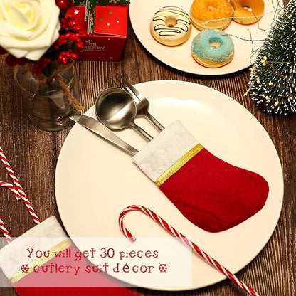 Patelai 30 Pcs Mini Stockings Christmas Bulk Dinner Table Decorations Mini Socks Silverware Holders Knife Spoon Fork Storage for Christmas Table Party Decor(Novel Style)