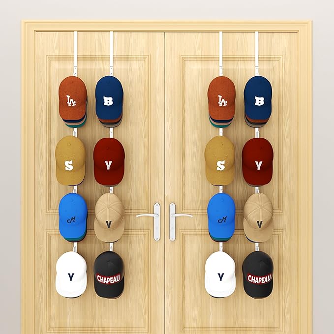 HapiRm Over Door Hat Rack - 4 Packs Metal Hanging Hat Organizer with 16 Hooks Design, Baseball Cap Hanger Organizer Storage Holds up to 80 Caps for Door, Bedroom, Closet(White)