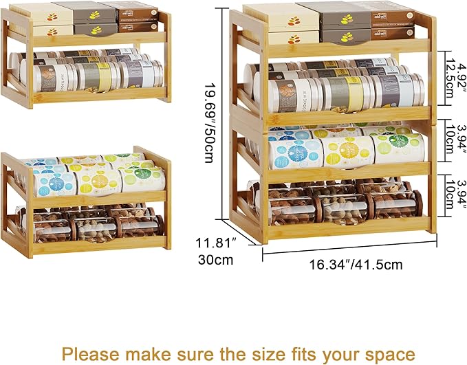 BAMBANG Can Organizer for Pantry, Detachable Bamboo 4 Tier Stackable Can Storage Rack, Rolling Soda Can Dispenser Can Holders for Cabinet, Holds Up to 48 Cans