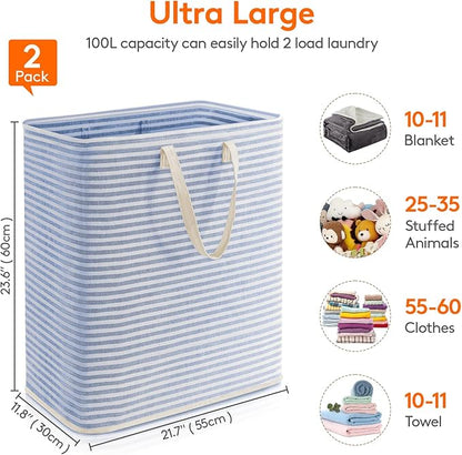 Lifewit 2 Pack Laundry Basket 100L Each, Collapsible Clothes Hamper with Reinforced Handles, Freestanding Waterproof Design for Bedroom and Laundry Room, Pink&Blue 200L Total