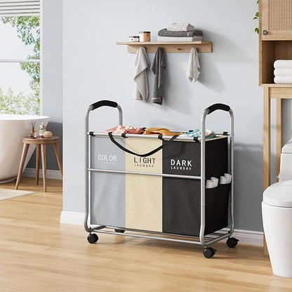 Tajsoon 3 section Laundry Hamper Sorter, Laundry Sorter Cart with Heavy Duty Lockable Wheels and Removable Bags, Laundry Separated Rolling Cart Basket for Clothes Storage, Grey+Beige+Black