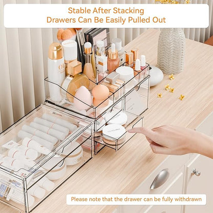 Yieach Acrylic Make up Organizers for Counter,Desk and Vanity,3 Pack Stackable Bathroom Counter Organizer with Drawers,Large Clear Makeup Organizers and Storage for Skincare,Cosmetic,Beauty Products