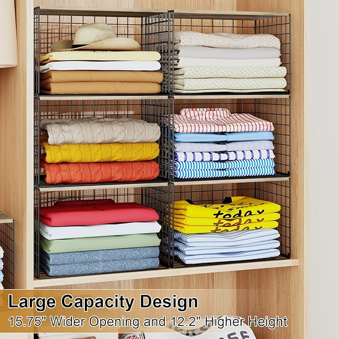 Widened & Heightened Closet Organizers And Storage Shelves With Top Board, Set of 3 Stackable Closet Shelf Organizer Storage Bin Basket For Clothes Sweaters,Space-saving, Sturdy,Wider Higher Size