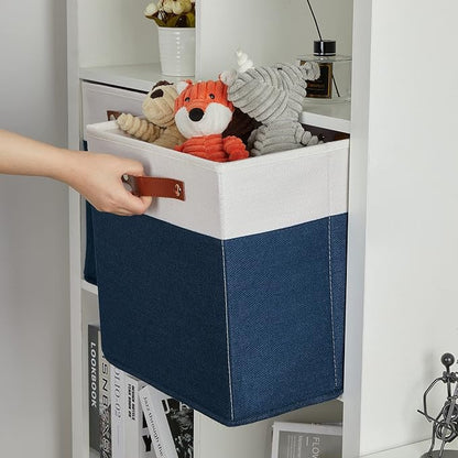 DULLEMELO 13 inch Cube Storage Bins, Gift Baskets Empty for Boy Girl Mother Father Christmas Festival,Fabric Storage Bins Cube Organizer Baskets With Leather Handles(White&Blue-4 Pack)