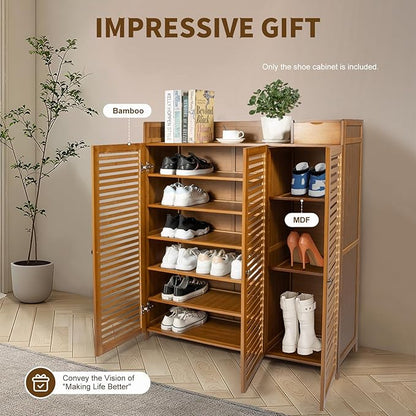 Bamboo Shoe Cabinet 7 Tier Free Standing Shoe Storage Cabinet Shoe Organizers Shoe Storage Cabinet with Door for Entryway Hallway Living Room Bedroom (7 Tier)