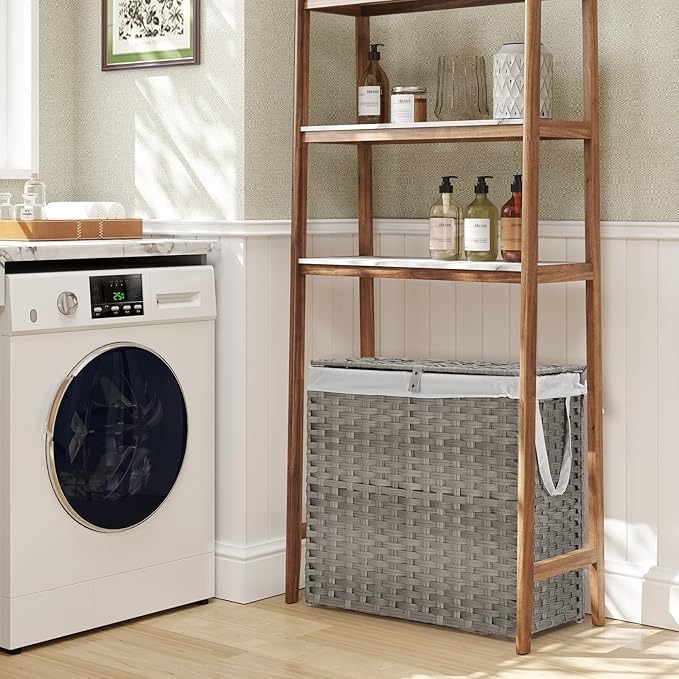DUMOS Wicker Laundry Basket with Lid, 110L Woven Laundry Hamper with Handles, Foldable Rattan Clothes Hamper with Removable Liner & Sturdy Steel Frame, Dove Gray